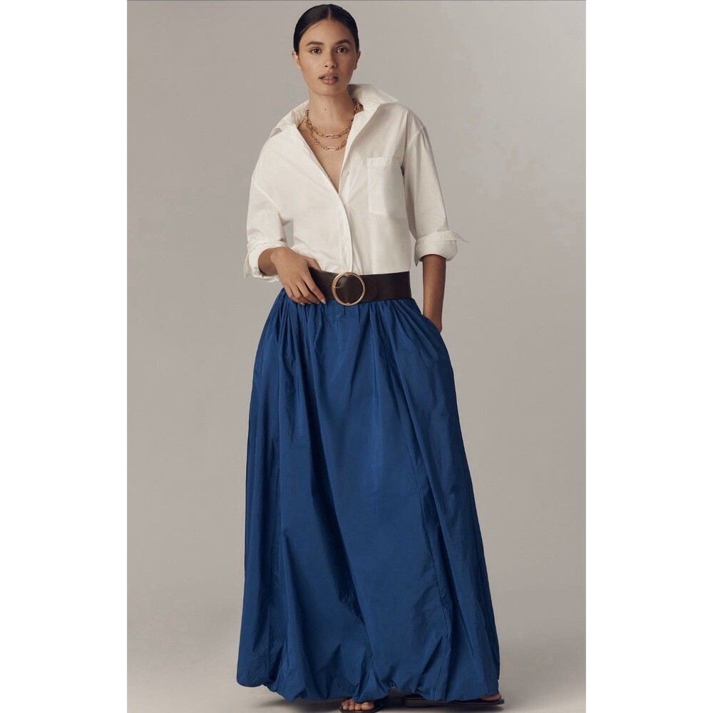 Anthropologie Maxi Skirt Blue Bubble Hem Vacay Preppy Boho Minimalist Small NWT